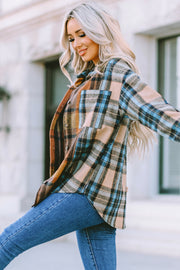 Brown Plaid Color Block Buttoned Shirt with Pockets