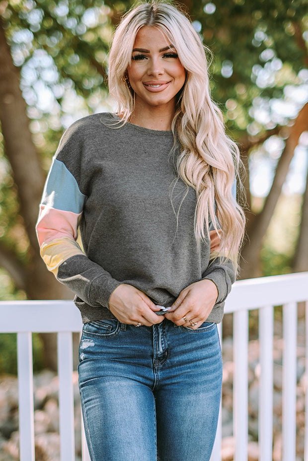 Gray Colorblock Long Sleeve Pullover Sweatshirt