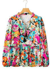 Multicolour Floral Print Bubble Sleeve V Neck Ruffled Blouse