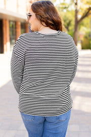 Black Stripe Drop Shoulder Puff Long Sleeve O Neck Plus Size T Shirt