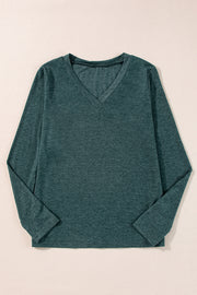 Mist Green Solid Color Long Sleeve V Neck Top