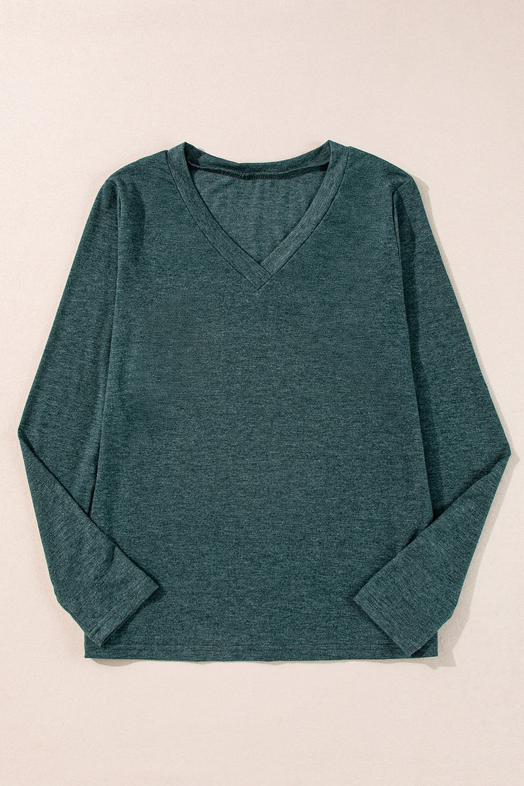 Mist Green Solid Color Long Sleeve V Neck Top