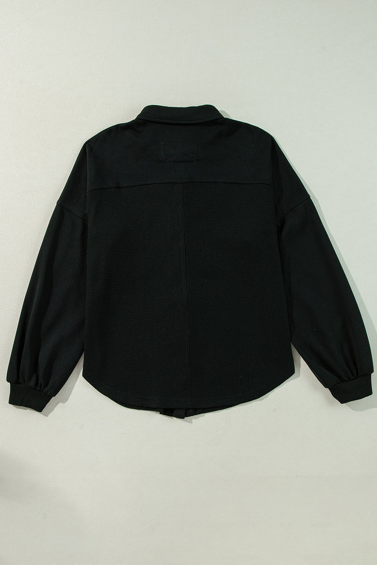 Black Waffle Knit Patchwork Buttoned Oversized Shacket