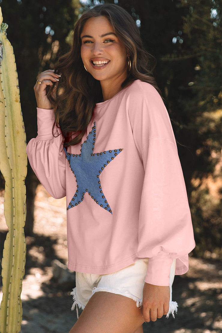 Gossamer Pink Studded Star Graphic Oversized Long Sleeve Top