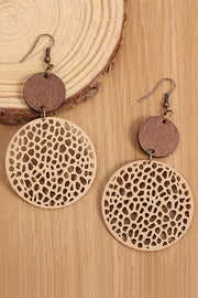 Khaki Hollow Out Wooden Round Drop Earrings