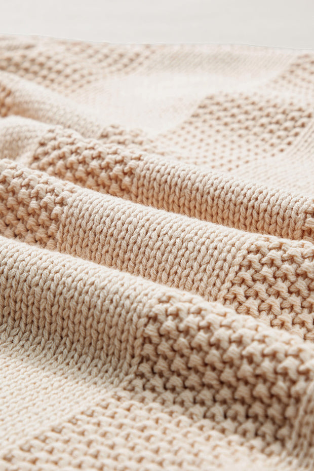 Pale Khaki Solid Color Cable Knit Ribbed Loose Sweater