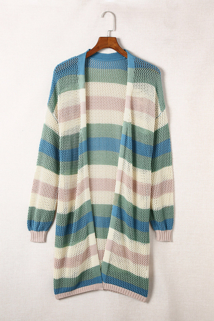 Green Striped Color Block Hollowed Knit Cardigan