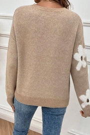 Parchment Flower Pattern Ribbed Trim Crew Neck Sweater