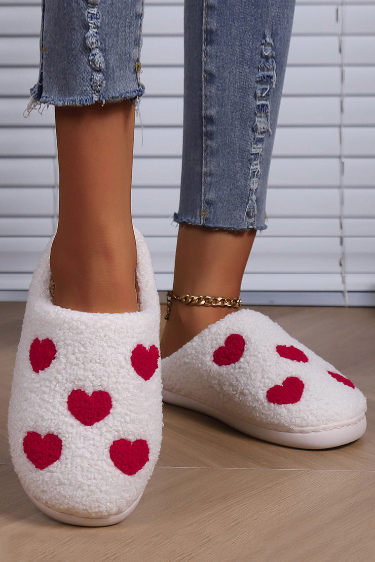 White Valentines Day Hearts Print Plush Slippers