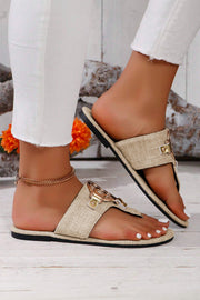 Beige Vintage Metal Decor Leather Thong Slides Shoes