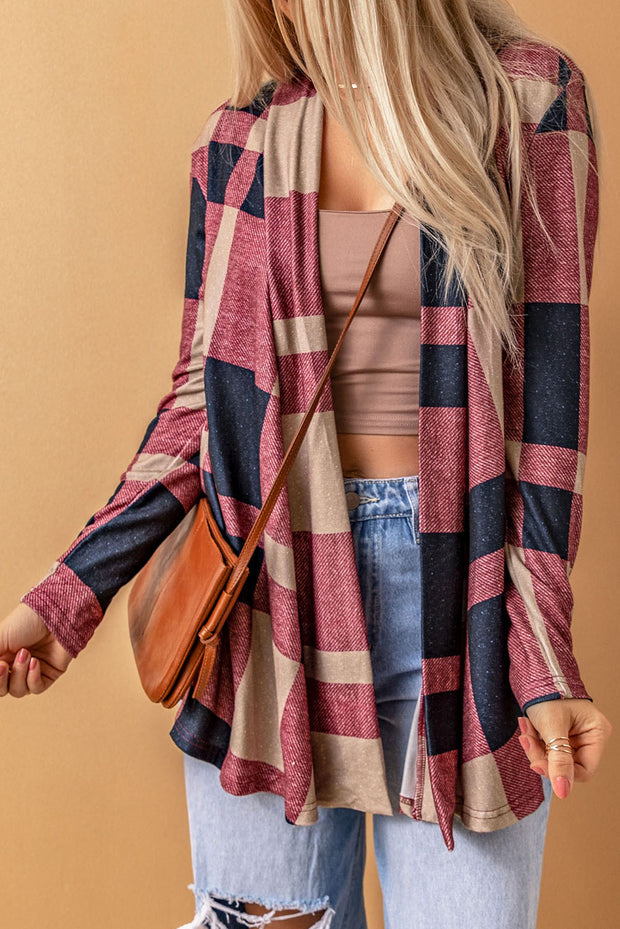 Draped Open Front Plaid Cardigan