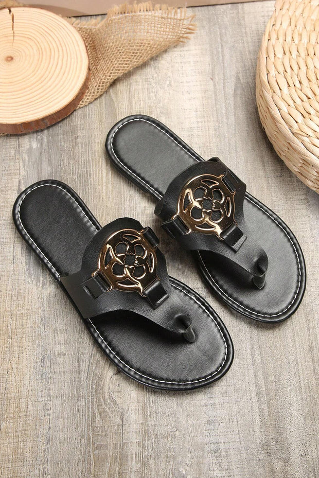 Beige Vintage Metal Decor Leather Thong Slides Shoes