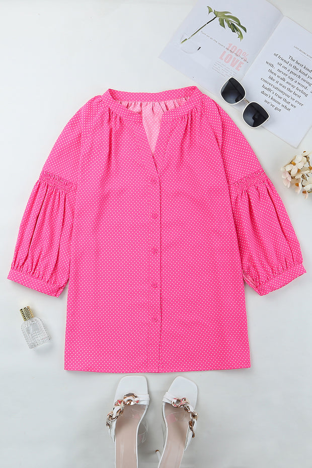 Pink 3/4 Sleeves Dotted Print Loose Shirt