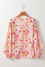 Pink Ditsy Floral Bubble Sleeve V Neck Blouse