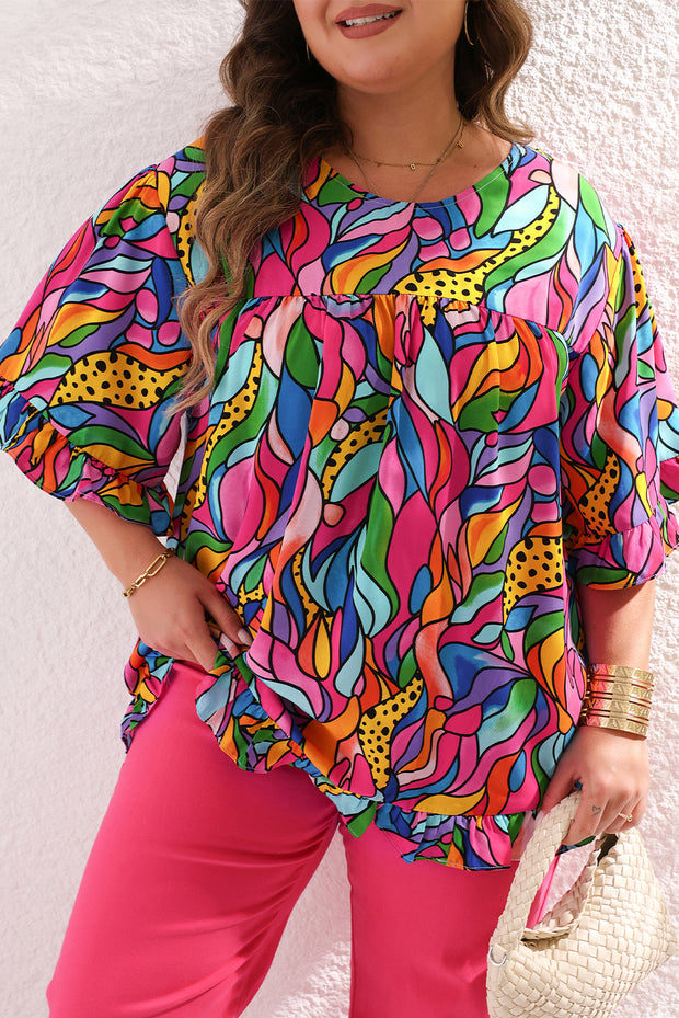 Rose Abstract Print Plus Size Frilly Trim Blouse