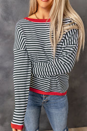 Contrast Trimmed Striped Drop Shoulder Sweater