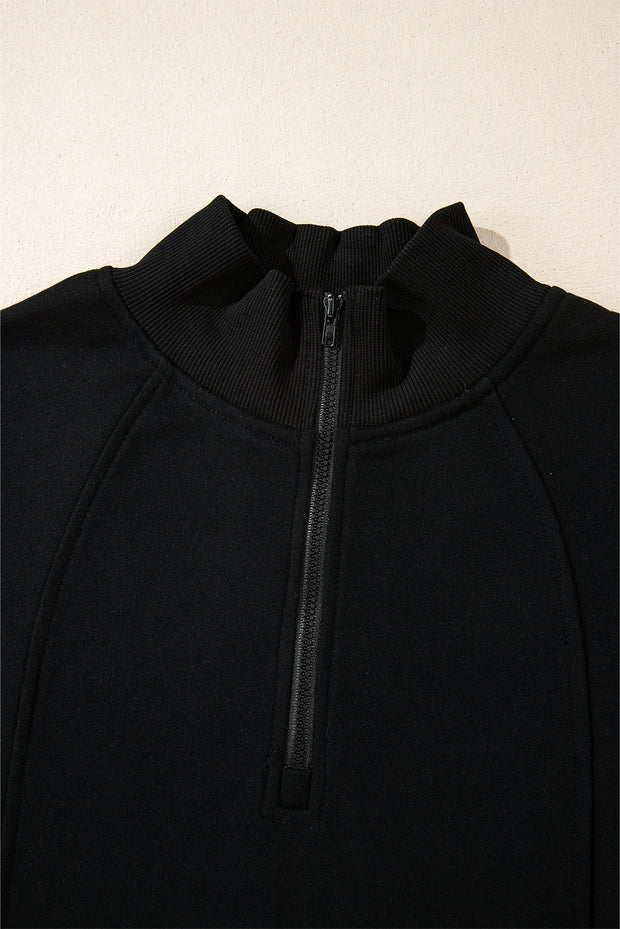 Black Zipped Neck Pullover Drop Shoulder Sweatshirt