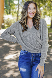 Gray Wrap V Neck Waffle Sweater