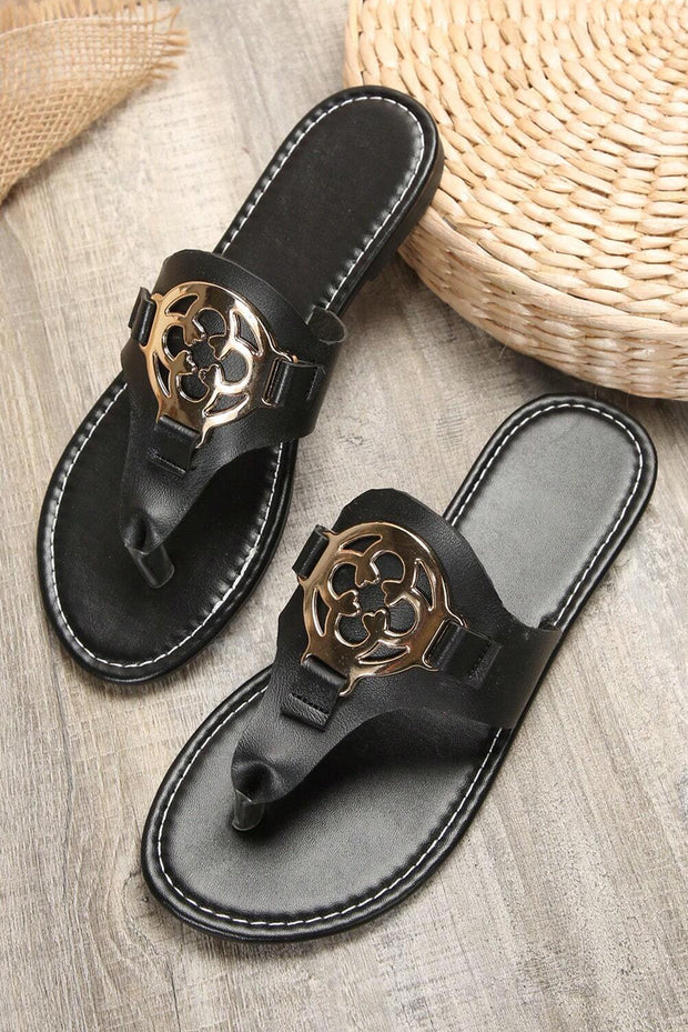 Beige Vintage Metal Decor Leather Thong Slides Shoes