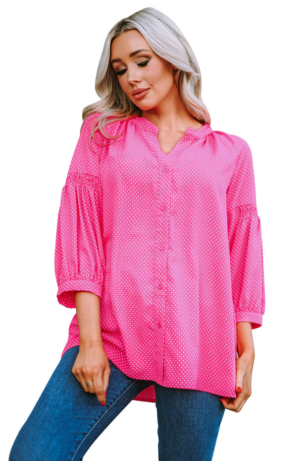 Pink 3/4 Sleeves Dotted Print Loose Shirt