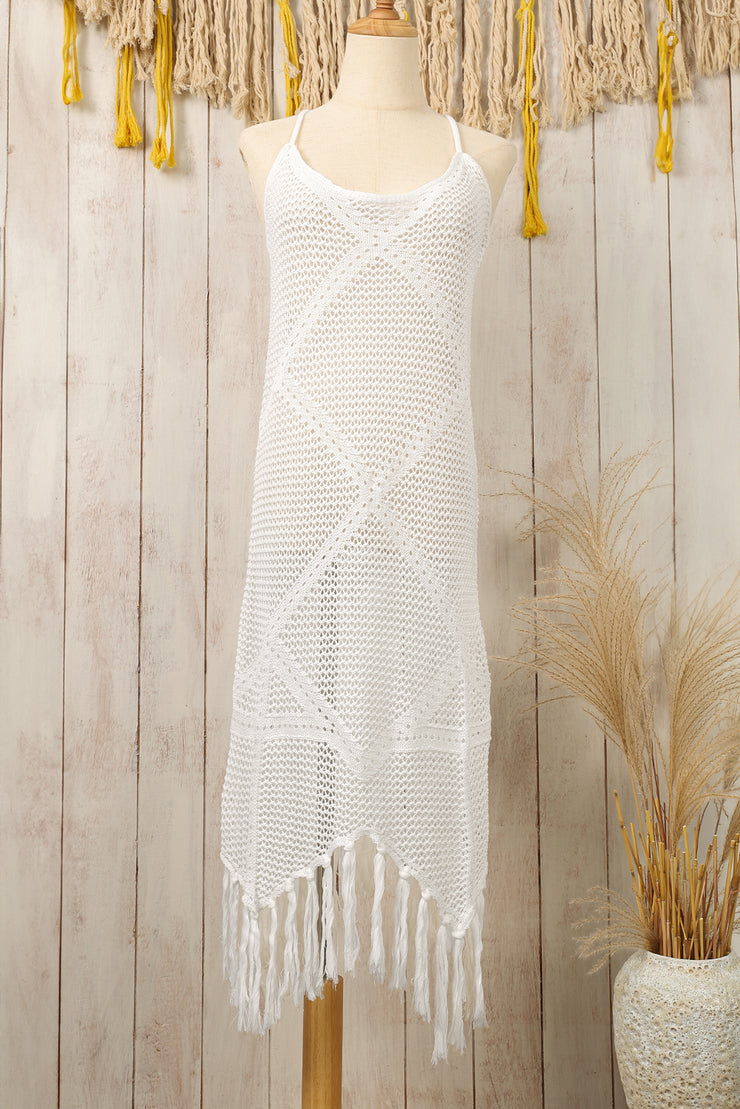 White Crisscross Knot Back Hollow Out Tasseled Beach Dress