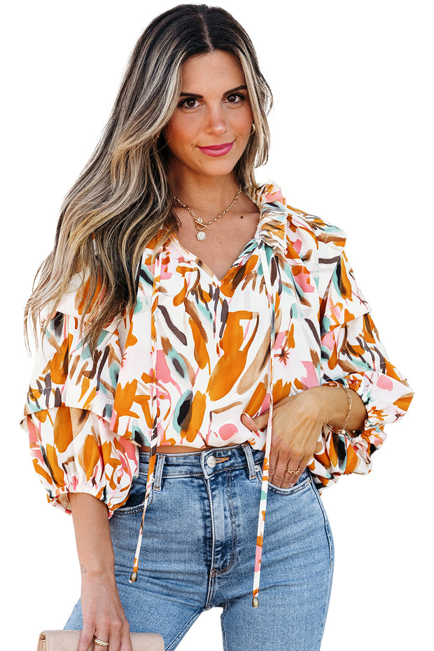 Yellow Abstract Print Drawstring Frilled V Neck 3/4 Sleeve Blouse