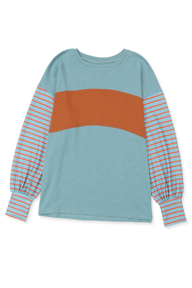 Green Colorblock Striped Bishop Sleeve Top