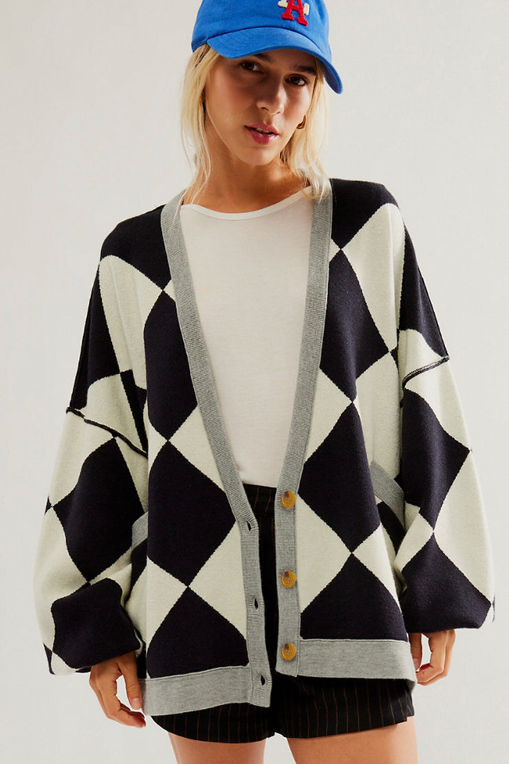 Black Colorblock Drop Shoulder Buttoned Loose Cardigan