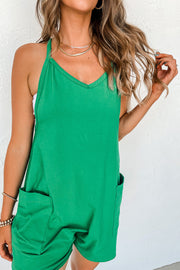 Bright Green Sleeveless Pocketed V Neck Jersey Romper