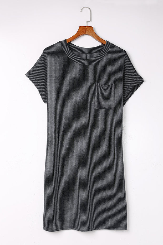 Gray Striped Ribbed Knit T-shirt Shift Dress