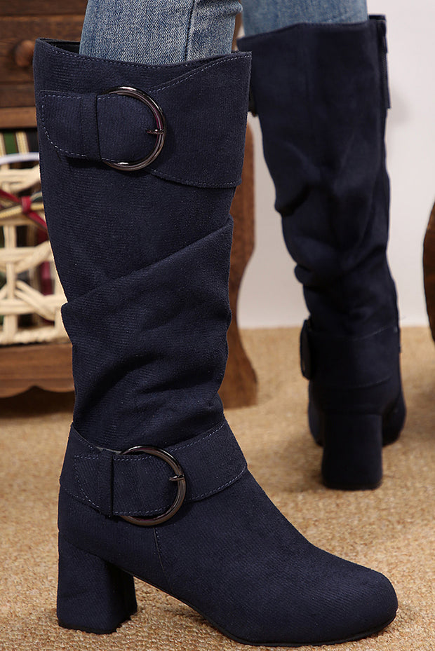 Navy Blue Suede Double Buckled Side Zipper Mid-calf Boots