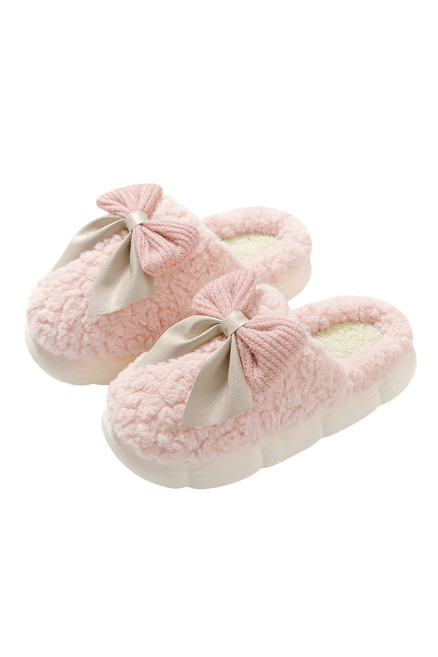 White Contrast Bowknot Applique Plush Winter Slippers