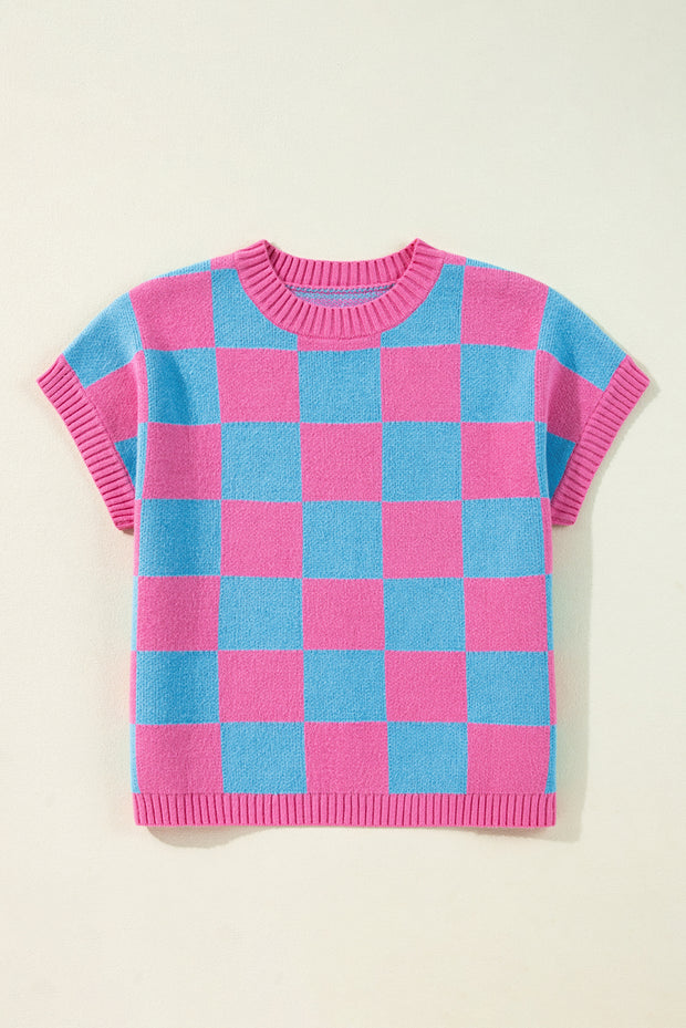 Sachet Pink Colorblock Plaid Pattern Ribbed Trim Sweater Tank Top