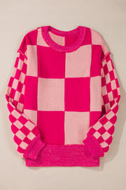 Rose Red Mixed Checkered Pattern Drop Shoulder Loose Sweater