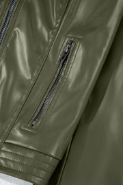 Sage Green Solid Faux Leather Zipper Slim Fit Bomber Jacket