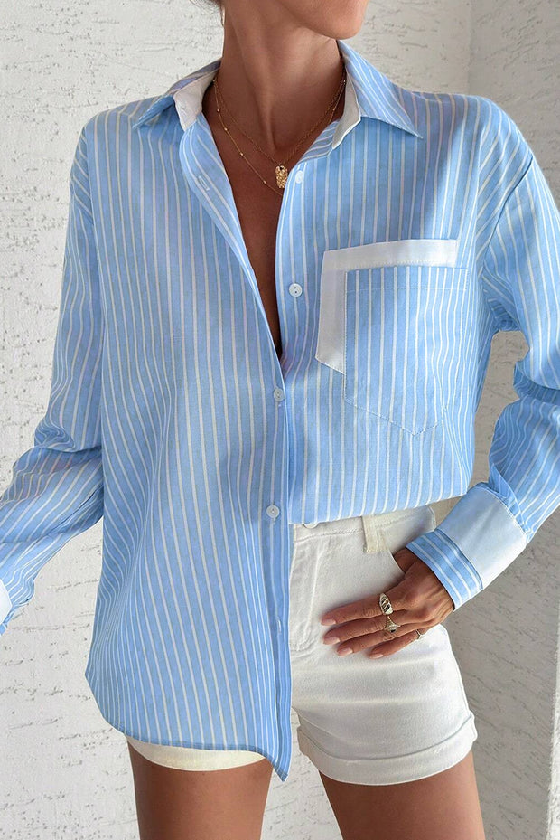 Sky Blue Stripe Contrast Patch Pocket Cuffed Sleeve Casual Shirt