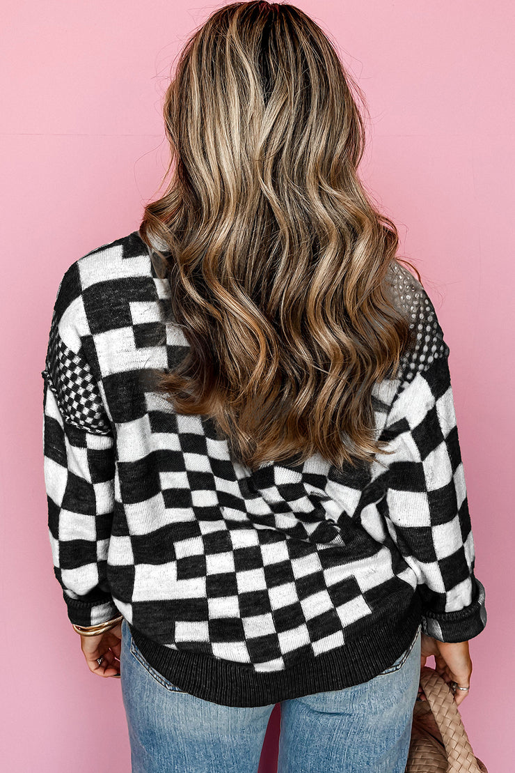 Black Checkered Print Drop Shoulder Round Neck Sweater