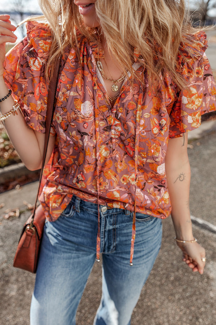 Orange Floral Print Ruffled Flutter Sleeve Frilled V Neck Blouse