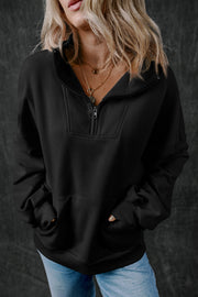 Black Zip-up Stand Neck Kangaroo Pocket Sweatshirt