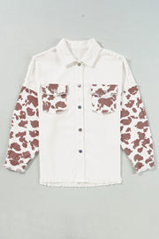 Raw Hem Animal Print Long Sleeve Denim Jacket