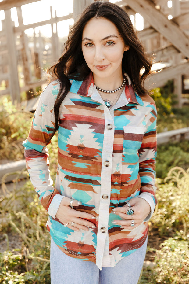 Multicolor Aztec Print Buttoned Pocket Chest Long Sleeve Shirt