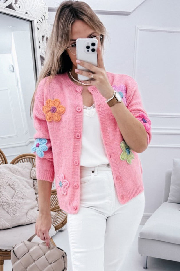 Pink Cute Knitted Floral Pattern Button Up Cardigan