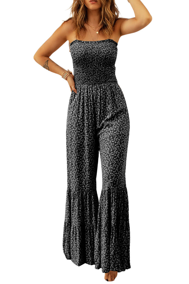 Black Thin Straps Smocked Bodice Wide Leg Floral Jumpsuit