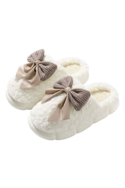 White Contrast Bowknot Applique Plush Winter Slippers