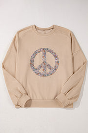 Pale Khaki Floral Peace Sign Graphic Washed Terry Plus Size Sweatshirt