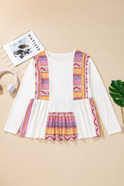 White Western Aztec Print Patchwork Ruffled Tunic Long Sleeve Babydoll Top