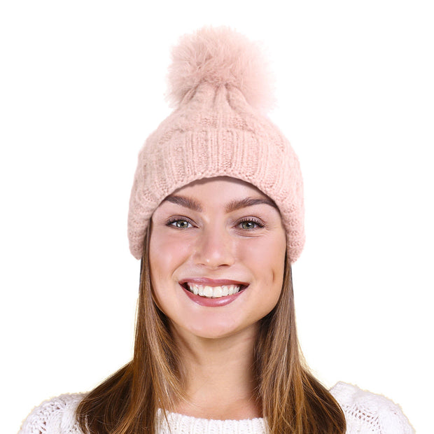 Dusty Pink Fox Fur Pom Beanie