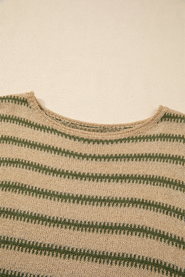 Khaki Stripe Drop Shoulder Casual Sweater