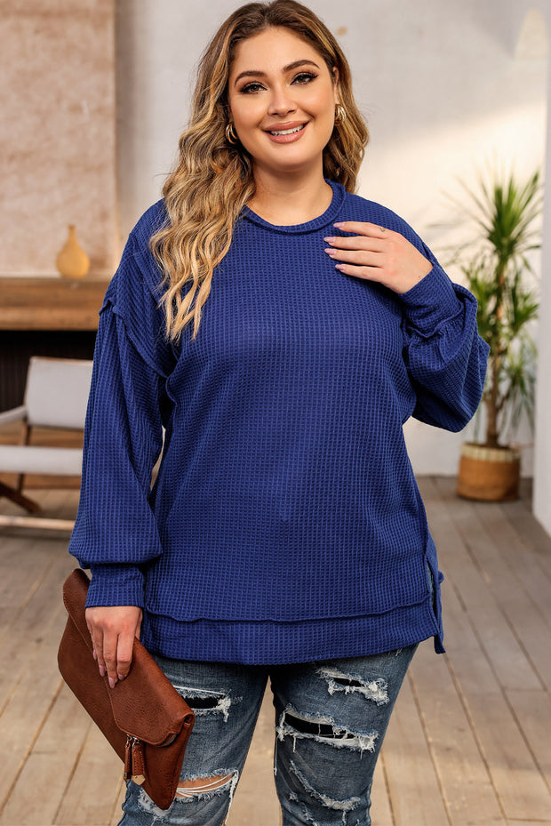 Blue Plus Size Waffle Knit Oversized Exposed Seam Top