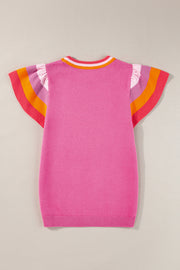 Bright Pink Contrast Flutter Sleeves Knitted Sweater T Shirt